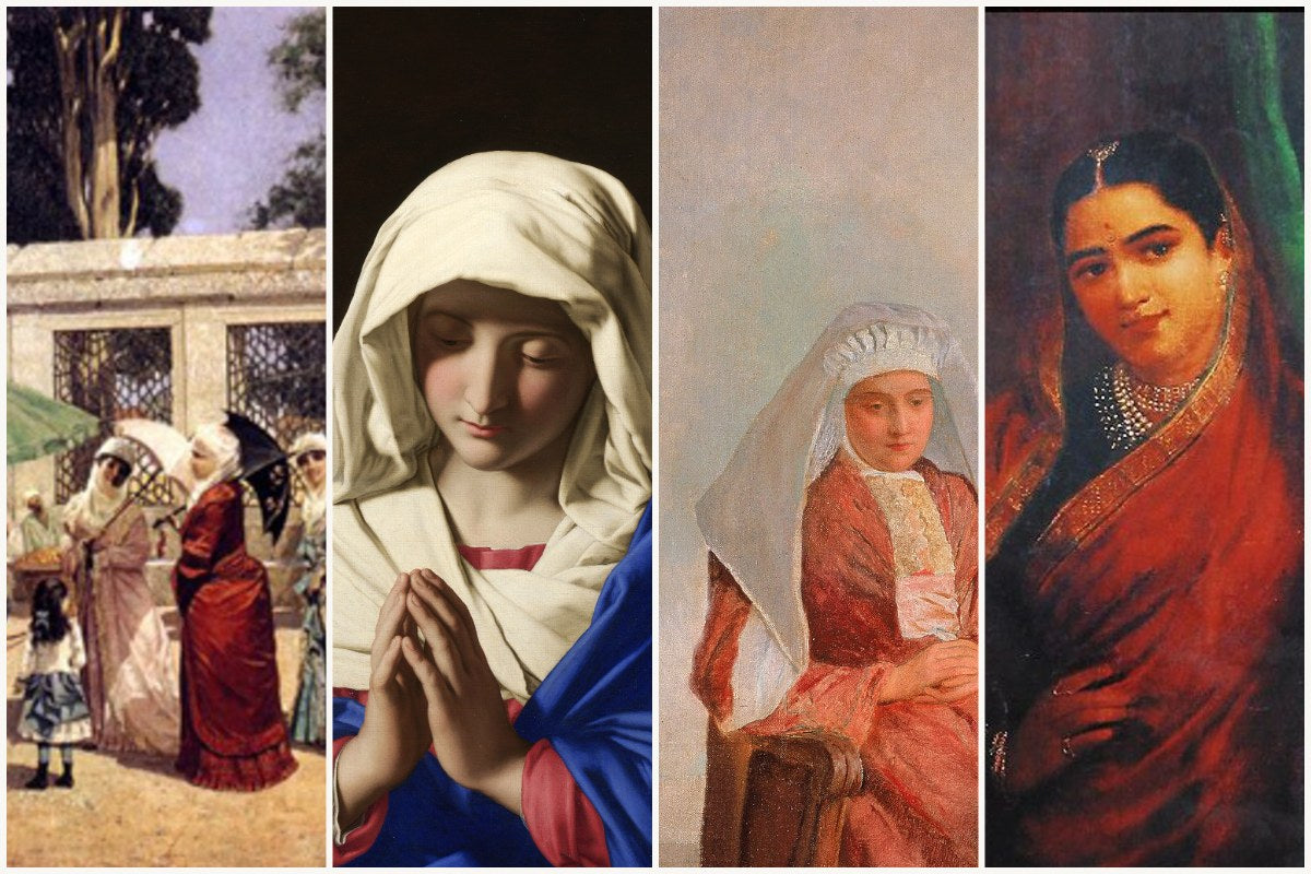 Four historical paintings of veiled women: Ottoman women in Istanbul, the Virgin Mary in prayer, a Jewish woman on Friday evening, and a Maharashtrian woman in a sari